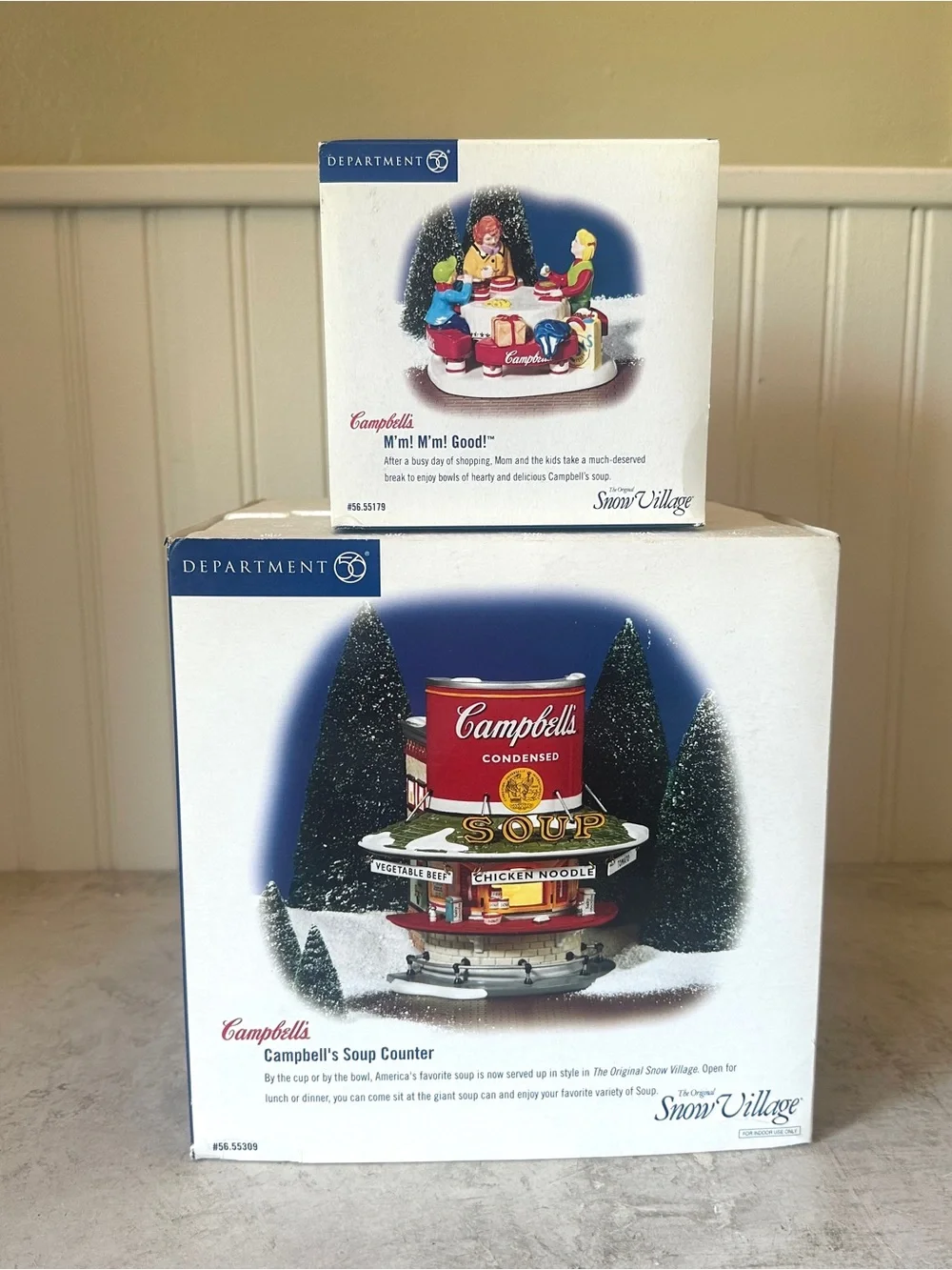 Dept 56 Snow Village Campbell's Soup Counter & M’m! M’m! Good! Accessory Set